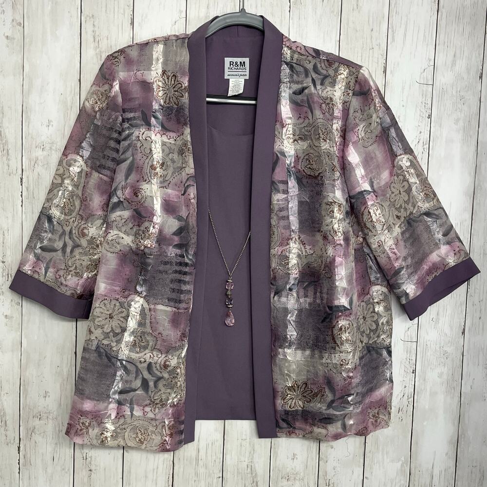 R&M Richards Purple Floral Lined Short Sleeve Sheer Lightweight Work Blouse 18WP